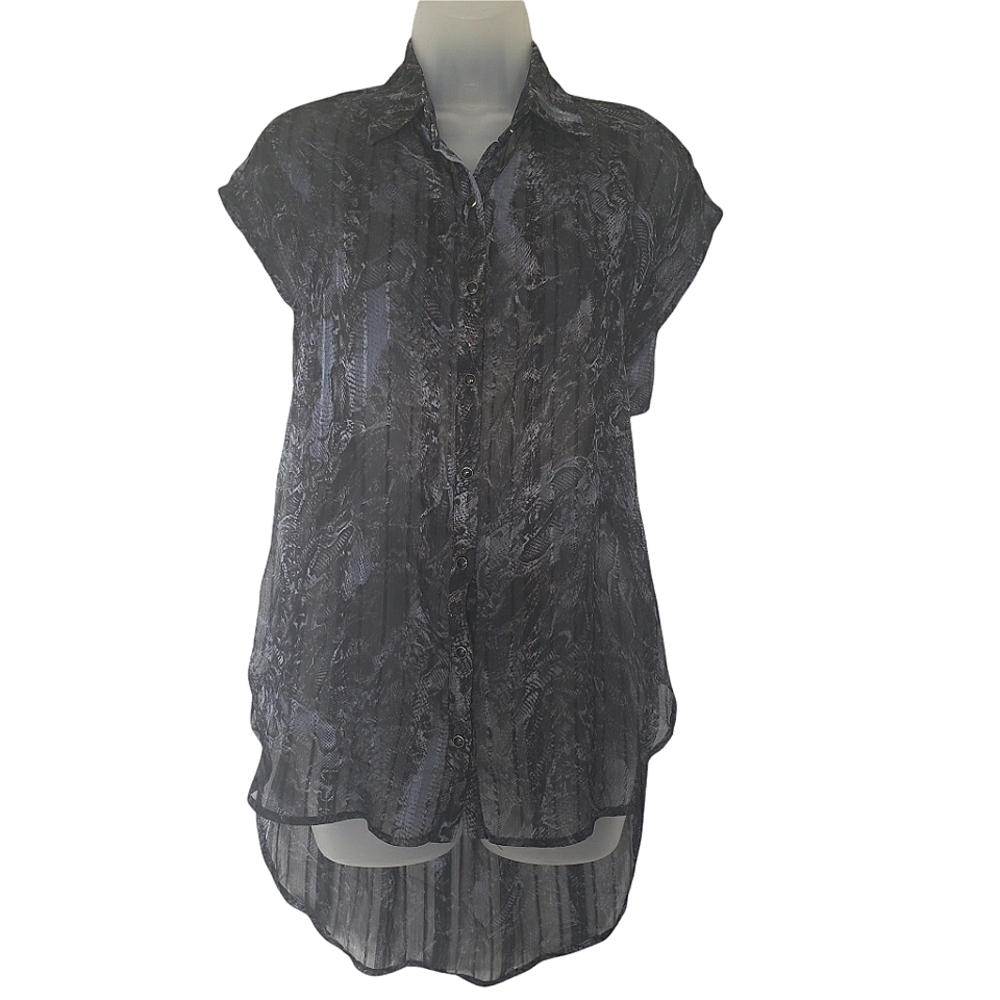 S-Twelve Lightweight Blouse Size S Black Gray‎ Sexy Open Back Semi Sheer Snaps